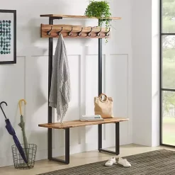 Kirklands Home Acacia Wood Modern Storage Hooks Hall Tree
