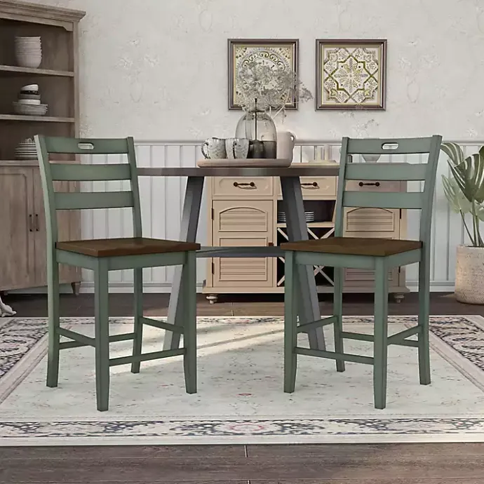 New Kirklands Home Antique Wood Counter Stools, Set of 2 Green