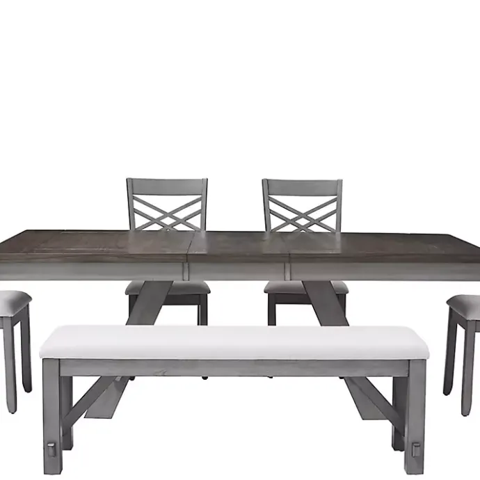 Kirklands Home Antique Upholstered Gray Wood Dining Bench White