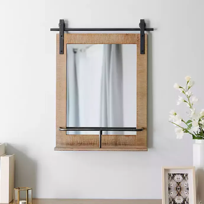 Kirklands Home Barn Door Mirror with Shelf Brown