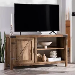 Best Kirklands Home Barn Door Rustic Oak TV Stand with Open Shelves Brown
