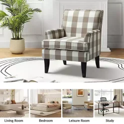 New Kirklands Home Beige Buffalo Check Upholstered Armchair Brown