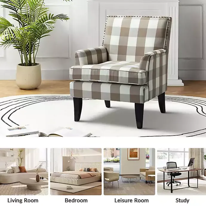 New Kirklands Home Beige Buffalo Check Upholstered Armchair Brown