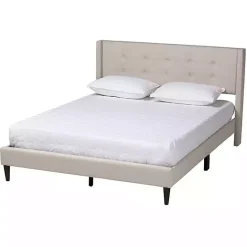Kirklands Home Beige Button Tufted Headboard Queen Bed Frame Tan