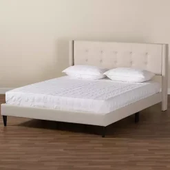 Kirklands Home Beige Button Tufted Headboard Queen Bed Frame Tan