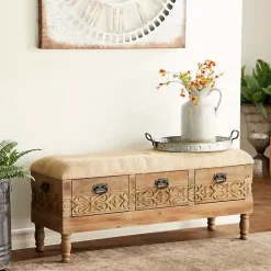 Discount Kirklands Home Beige Upholstered Acanthus Carved Wooden Bench Tan