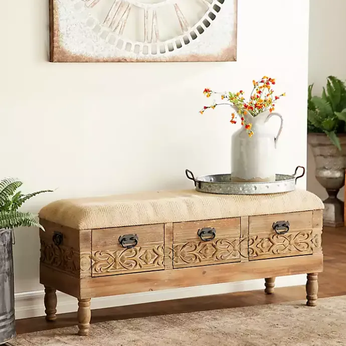 Discount Kirklands Home Beige Upholstered Acanthus Carved Wooden Bench Tan