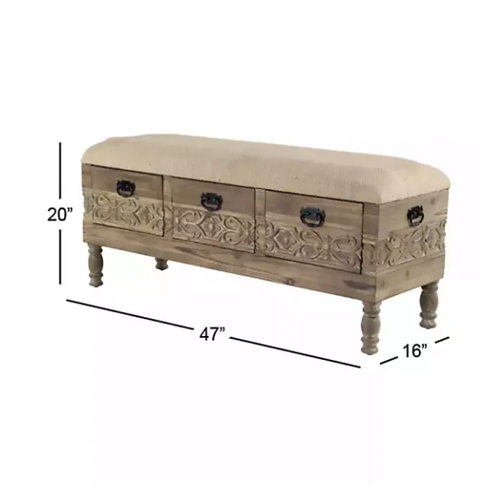 Discount Kirklands Home Beige Upholstered Acanthus Carved Wooden Bench Tan