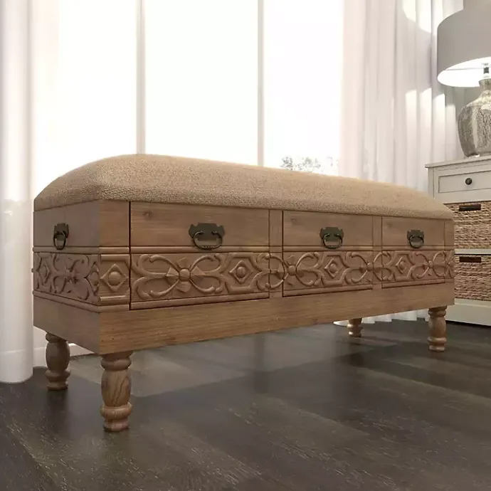 Discount Kirklands Home Beige Upholstered Acanthus Carved Wooden Bench Tan