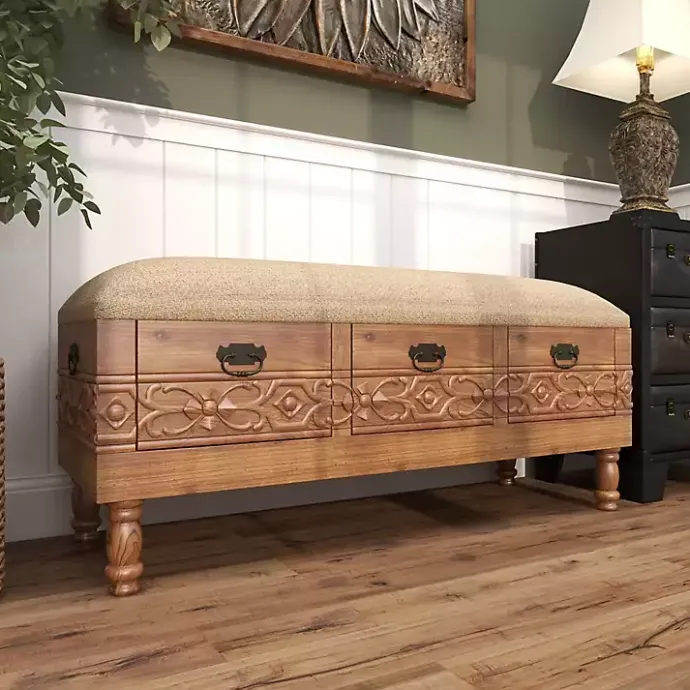 Discount Kirklands Home Beige Upholstered Acanthus Carved Wooden Bench Tan