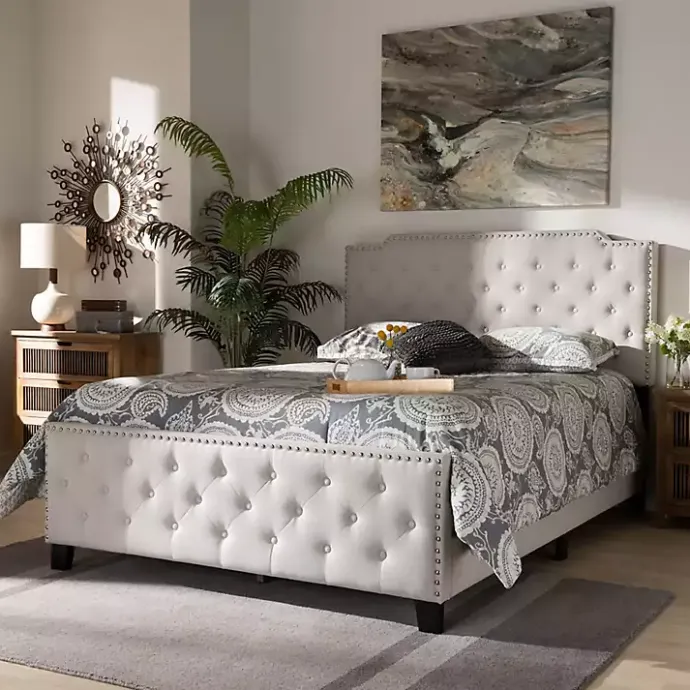 Sale Kirklands Home Beige Upholstered Button Tufted King Panel Bed Ivory