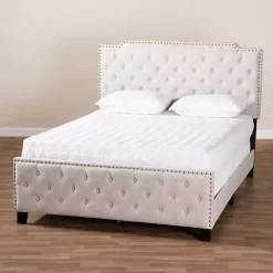 Sale Kirklands Home Beige Upholstered Button Tufted King Panel Bed Ivory