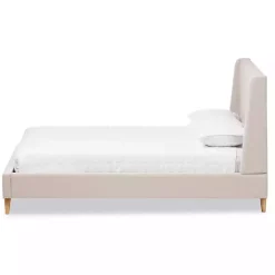 Discount Kirklands Home Beige Upholstered Wingback Queen Platform Bed Ivory