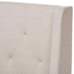 Discount Kirklands Home Beige Upholstered Wingback Queen Platform Bed Ivory