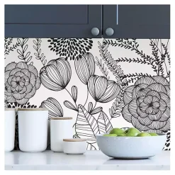 Hot Kirklands Home & White Floral Garden Peel & Stick Wallpaper Black