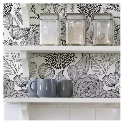 Hot Kirklands Home & White Floral Garden Peel & Stick Wallpaper Black