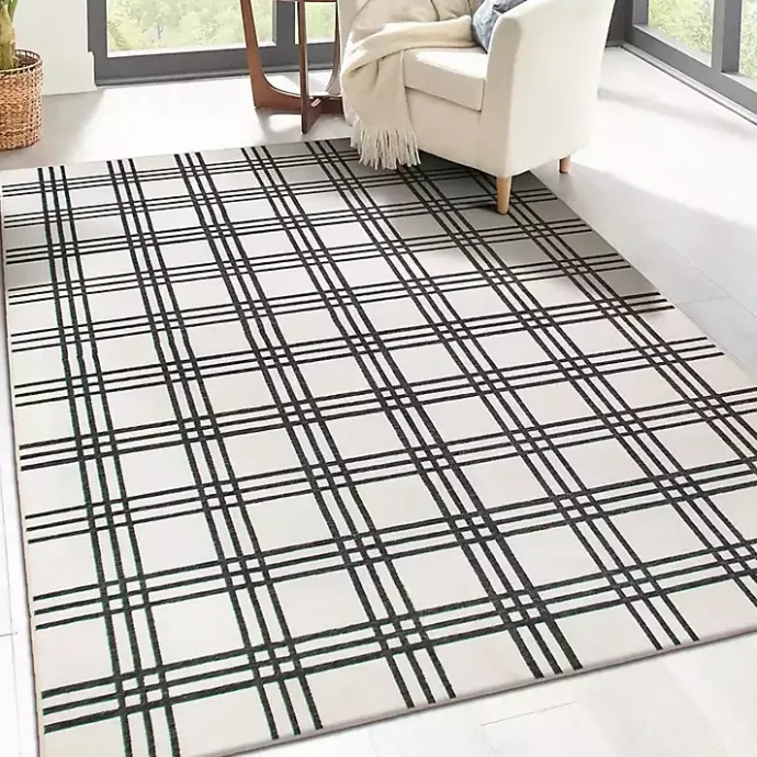 Clearance Kirklands Home Black and Cream Plaid Washable Area Rug, 5x7