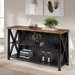 Kirklands Home Black and Rustic Oak Wood Farmhouse Console Table