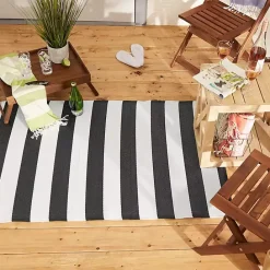 New Kirklands Home Black and White Rugby Stripe Outdoor Area Rug, 5x8