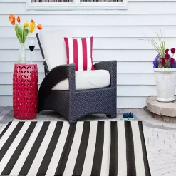New Kirklands Home Black and White Rugby Stripe Outdoor Area Rug, 5x8
