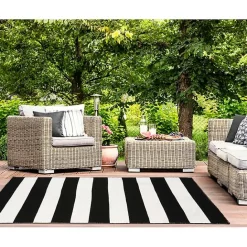 New Kirklands Home Black Cabana Stripe Indoor/Outdoor Area Rug, 7x9
