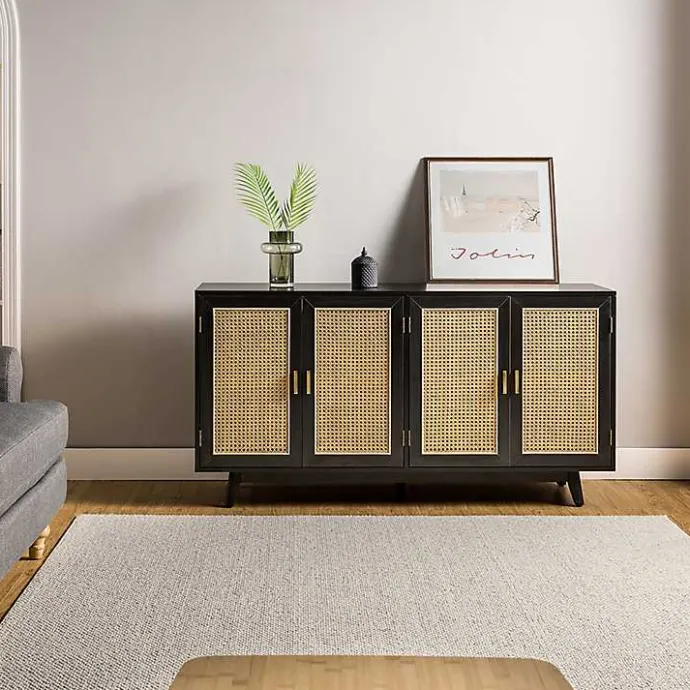 New Kirklands Home Cane Wood Storage Media Cabinet Black