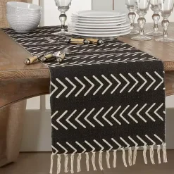 New Kirklands Home Chevron Table Runner with Fringe Black