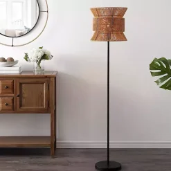 New Kirklands Home Black Floor Lamp with Natural Woven Shade Brown
