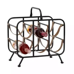 Hot Kirklands Home Black Metal and Faux Leather Wine Rack
