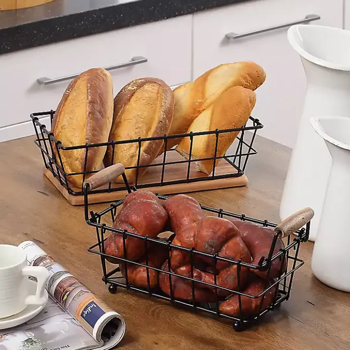 New Kirklands Home Black Metal and Wood Stackable Kitchen Baskets