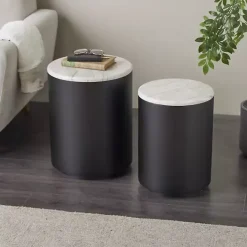New Kirklands Home Black Metal Marble Nesting Accent Tables, Set of 2 White