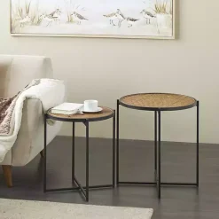 New Kirklands Home Black Metal Rattan Accent Tables, Set of 2 Brown