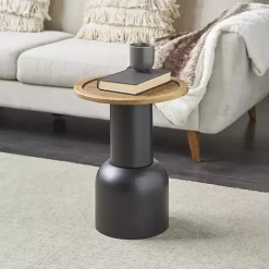 Best Kirklands Home Black Metal Rattan Pedestal Accent Table, 16 in. Brown