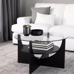 Kirklands Home Round Glass Coffee Table Black