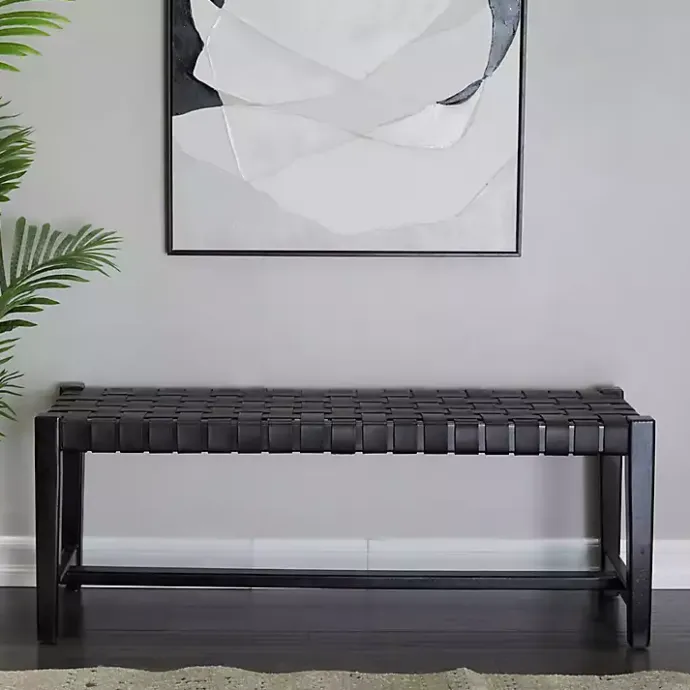 Online Kirklands Home Teak Wood and Leather Bench Black