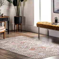 New Kirklands Home Black Tribal Motif Washable Area Rug, 5x8