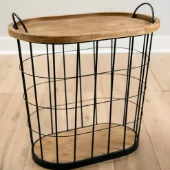 Sale Kirklands Home Wire and Natural Wood Basket Side Table Black