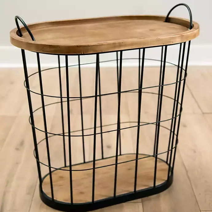 Sale Kirklands Home Wire and Natural Wood Basket Side Table Black