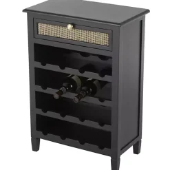Kirklands Home Wood & Natural Rattan Wine Bottle Cabinet Black