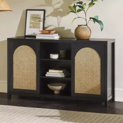 Hot Kirklands Home Wood and Rattan 2-Door Sideboard Black