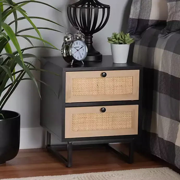 New Kirklands Home Wood and Rattan 2-Drawer Nightstand Black