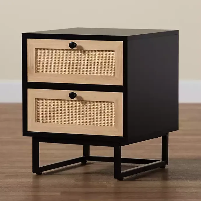 New Kirklands Home Wood and Rattan 2-Drawer Nightstand Black