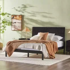Hot Kirklands Home Wood Slatted Mid-Century Modern Queen Bed Black