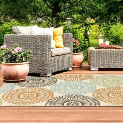 New Kirklands Home Blue and Orange Circles Outdoor Area Rug, 5x7