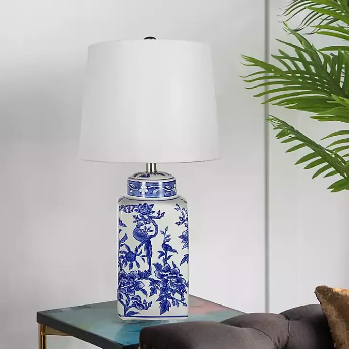 Kirklands Home Blue and Bird Pattern Table Lamp White
