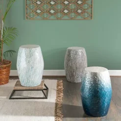 Kirklands Home Blue and White Mosaic Capiz Shell Drum End Table