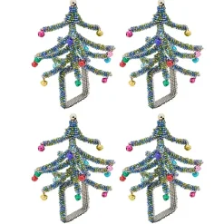 New Kirklands Home Blue Beaded Christmas Tree Napkin Rings, Set of 4