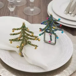 New Kirklands Home Blue Beaded Christmas Tree Napkin Rings, Set of 4