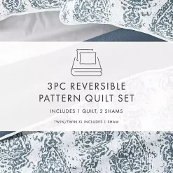 Outlet Kirklands Home Blue Damask Reversible 3-pc. Queen Quilt Set