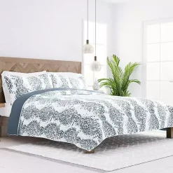 New Kirklands Home Blue Damask Reversible 3-pc. King Quilt Set